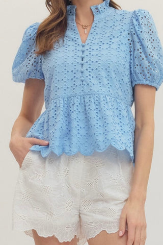 Blue Eloise Eyelet Peplum Top