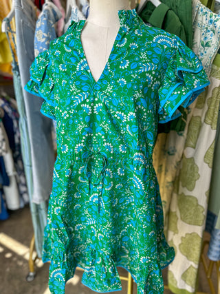 Kelly Green & Cerulean Alina Floral Ruffle Shift Mini Dress
