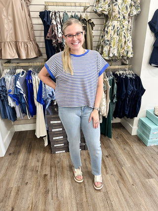 Blue Striped Hello World Short Sleeve Top