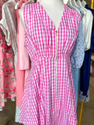 Pink Zip Into Spring Gingham Mini Dress
