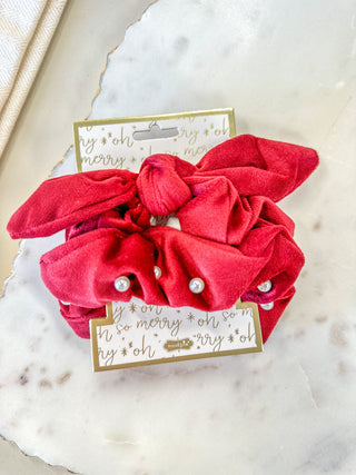 Red Pearl Velvet Scrunchie Set
