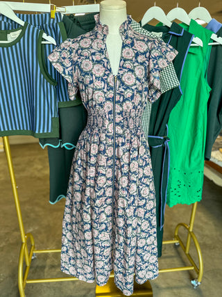 Navy Floral Conservatory Flutter Sleeve Zip Midi Dress