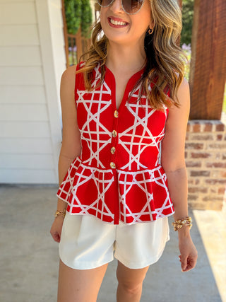 Red Delicate Lines Gold Button Peplum Top