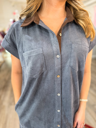 Teal Contrast Collar Button Down Shirt Dress