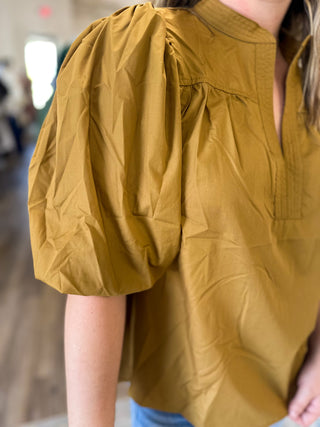 Camel Standing Collar Poplin Top