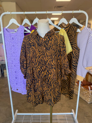 Tiger Print Brown/Black Boxy Cropped Shirt & Shorts Set