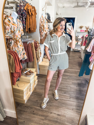 Light Olive Drop Shoulder Button Down Striped Romper