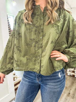 Olive Autumn Leaves Detailed Balloon Sleeve Blouse