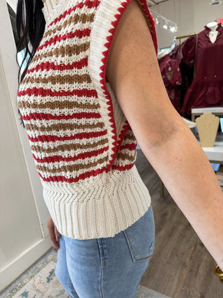Red & Ivory Striped Crochet Sweater