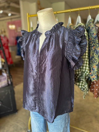 Navy Metallic Woven Flutter Sleeve Top