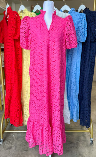 Hot Pink Sweet Eyelet Moments Midi Dress
