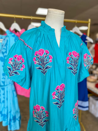 Aqua Cottage Bloom Embroidered Bubble Sleeve Mini Dress