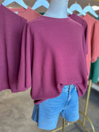 Wine Cloudy Knit 3/4 Sleeve Top