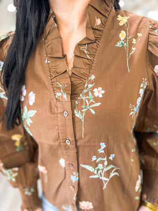 Brown Garden Stroll Long Sleeve Blouse