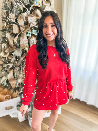 Red Holiday Pearl Charm Long Sleeve TOP
