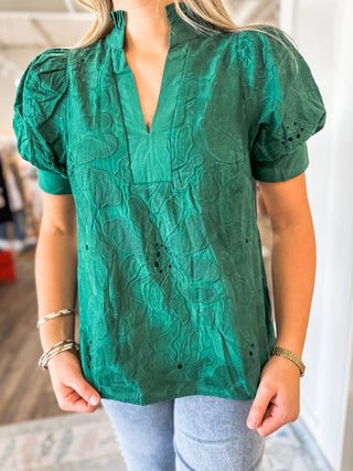Green Everleaf Eyelet Short Sleeve V-Neck Top