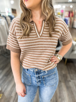 Taupe Preppy Perfection Short Sleeve Collared Stripe Sweater Top