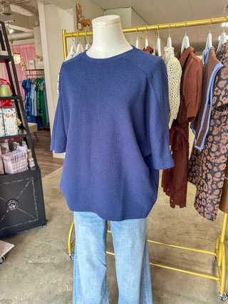 Navy Cloudy Knit 3/4 Sleeve Top