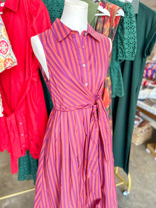 Plum Terracotta Striped Tie Waist Midi Dress