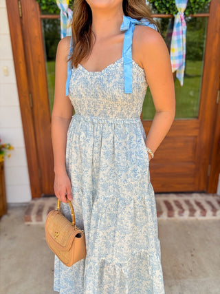 Blue & Cream Dainty Vintage Ribbon Shoulder Tiered Maxi Dress