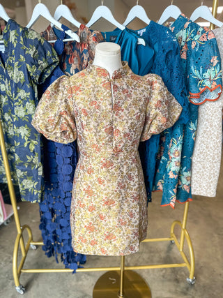 Vintage Rose Puff Sleeve Mini Dress