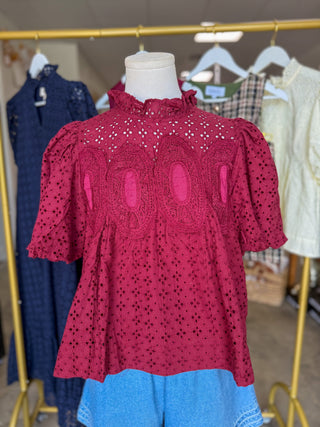Burgundy Vintage Eyelet Top