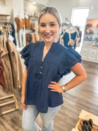 Navy Whimsical Butterfly Sleeve Button Detail Top