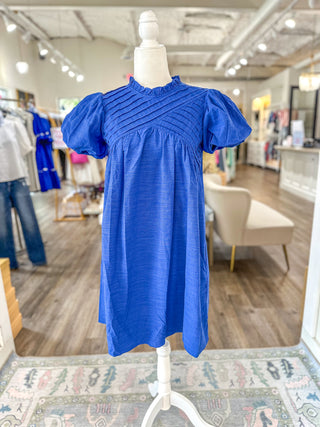 Bright Blue Skies Pintuck Detail Bubble Sleeve Mini Dress