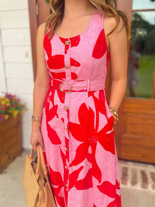 Pink Bold Bloom Belted Midi Dress