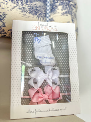 White & Pink Bow with Socks Gift Box