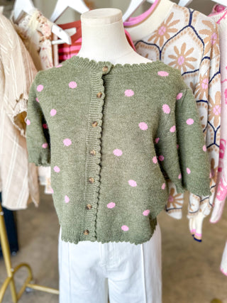 Olive & Pink Polka Dot Scalloped Trim Sweater