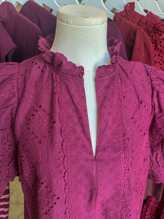 Wine Evelyn Eyelet Mini Dress