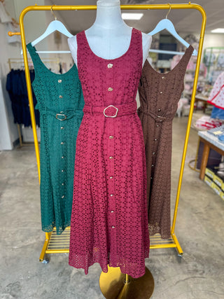 Burgundy Charlotte Eyelet Belted Maxi Dress
