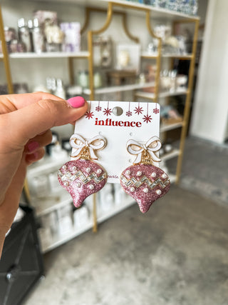 White Bow W/ Pink Glitter & Pearl Ornament Christmas Earrings