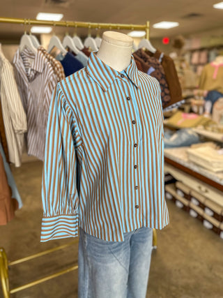 Blue & Camel Harvest House Striped Button Down Top