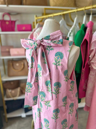 The Easy Pink Floral Tie Neck Mini Dress