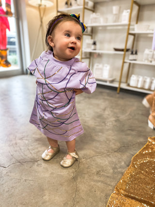 PRE-ORDER: Children Mardi Gras Beads Please Sequin Luxe Puff Sleeve Dress