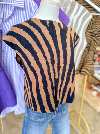 Black & Brown Tiger Stripe Boxy Mock Neck Sweater Top
