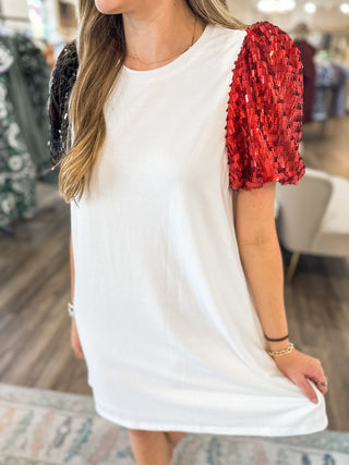 Cajuns Sequin Shoulder White Shift Dress