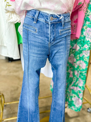 Dark Wash Inspiring Mid Rise Front Welt Pocket & Pintuck Flare Denim Jeans