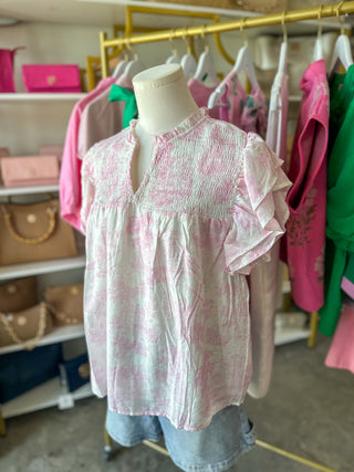 Pink Garden Toile Smocked Top
