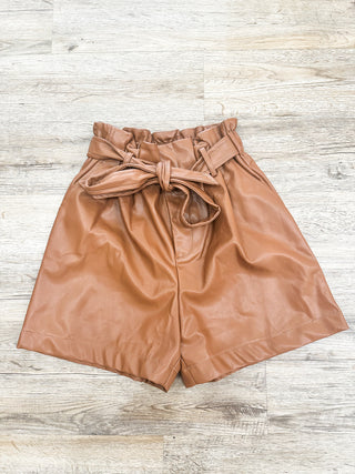 Camel Tie Waist Faux Leather Shorts