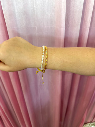 Chelsea Gold Pearl Beaded 2 Strand W/ Gold Ball & Pearl Strands Bracelet