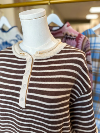Brown & Ivory Striped Short Sleeve Henley Knit Top