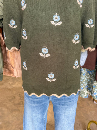 Mae Girl Olive Half Sleeve Finely Embroidered Sweater Top