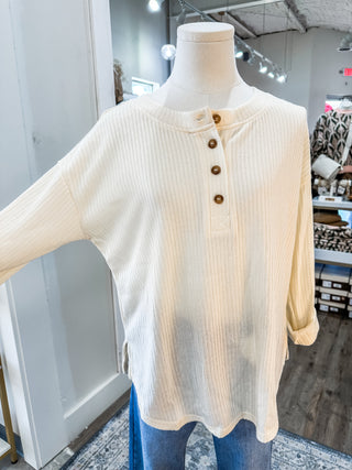 Cream 3/4 Tab Sleeve Henley Knit Top