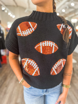Black Sequin Football Sequin Patch Sleeveless Sweater