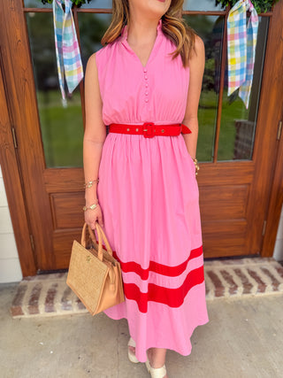 Pink Coastal Elegance Belted Midi Dress