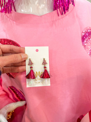 Pink Christmas Tree Tassel Earrings