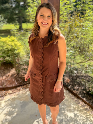 Brown Sweet Detail Scallop Trim Mini Dress